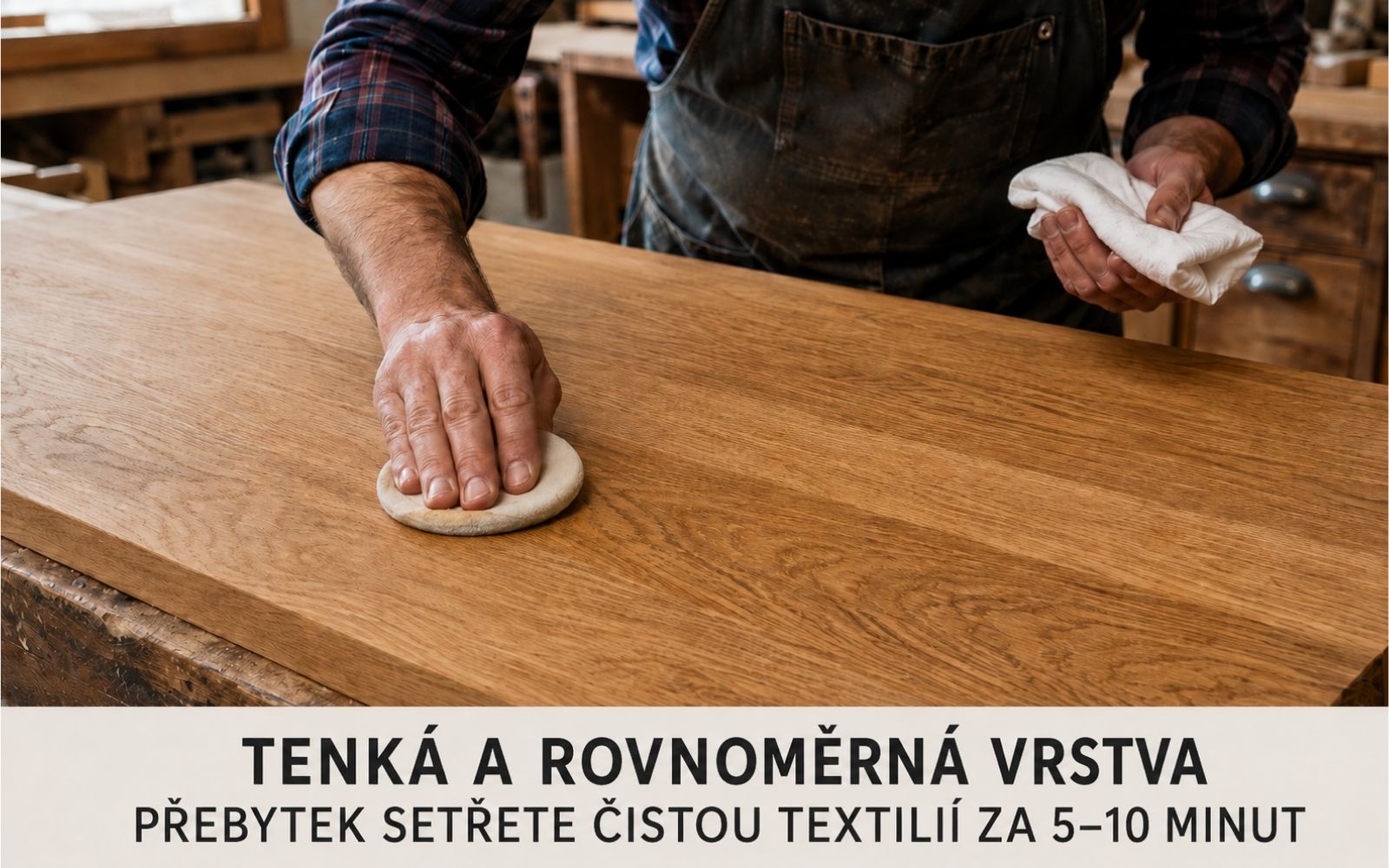 Správná aplikace a setření při práci s Oil Plus 2C na interiérovém dřevě